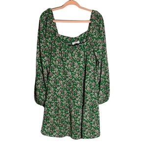ASOS Cottagecore Long Sleeve Square Neck Pink Floral Green Dress Size 14